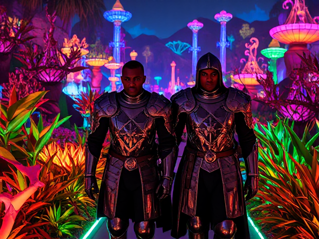 A dark-skinned knight of African descent, clad in ornate armor, walking beside another similar knight through a vibrant neon-lit garden, filled with glowing plants and surreal landscapes