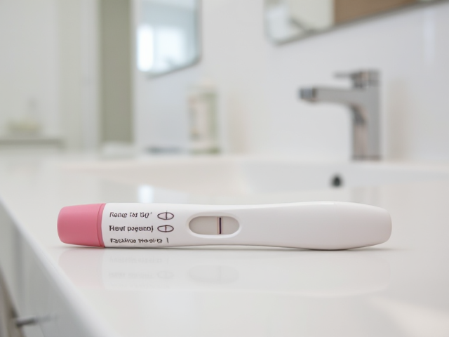 Positive pregnancy test laying flat down on a white bathroom counter, with a silver sink, and a mirror