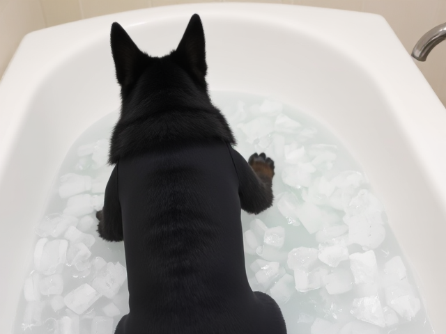 A anthropomorphic black German shepherd wearing a gymnastics leotard in a bath tub full of ice