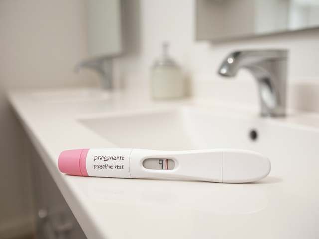 Positive pregnancy test on a white bathroom counter, with a silver sink, and a mirror, laying flat down