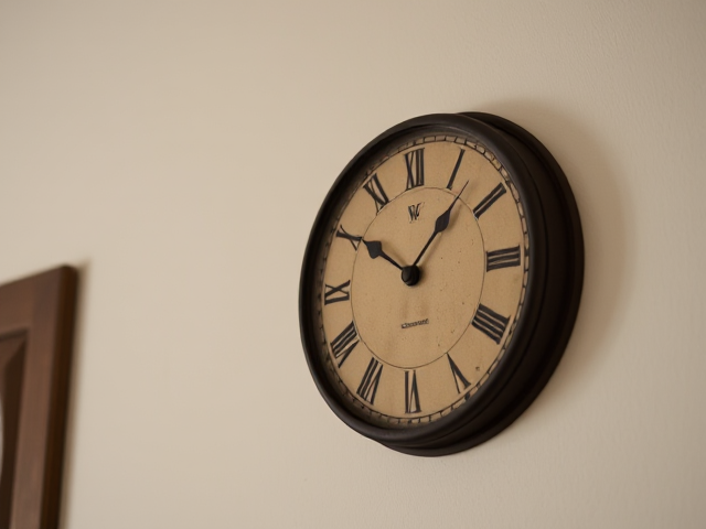 On the upper-left side of the wall, place a round vintage clock. The clock should have Roman numerals and a slightly dusty or tarnished look, emphasizing its old-fashioned charm.