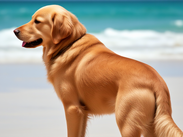 Anthropomorphic golden retriever with a sleek, shiny coat, wearing a form-fitting swimsuit that highlights her pronounced hips, set against a vibrant beach background