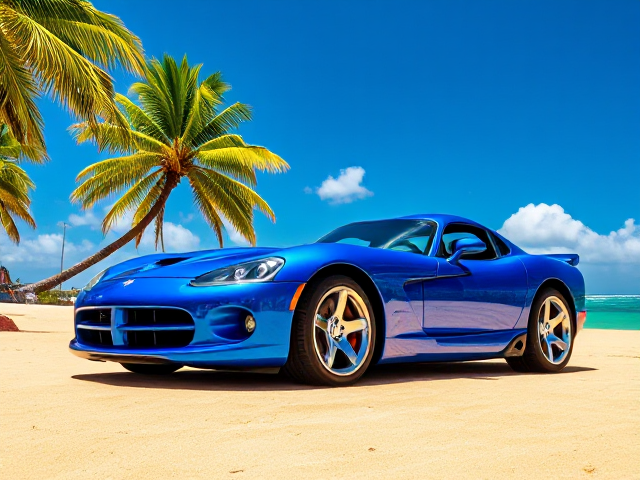 Voiture Viper bleue étincelante, reflets métalliques lumineux et vibrants, design aérodynamique, jantes chromées brillantes, sur fond de plage tropicale idyllique avec palmiers élancés se balançant doucement, ciel ensoleillé d'un bleu azur profond parsemé de quelques nuages blancs cotonneux, sable doré et scintillant comme des diamants sous le soleil éclatant, mer calme et turquoise aux nuances émeraude