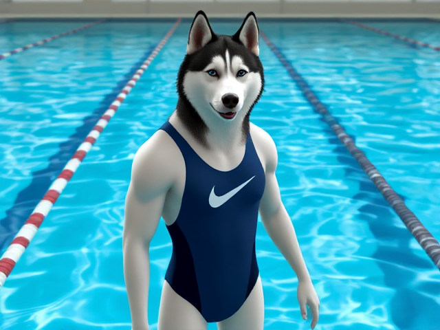 A tall anthropomorphic Siberian husky with a long torso and broad shoulders, wearing a high cut Nike one piece swimsuit, in a Olympic swimming pool