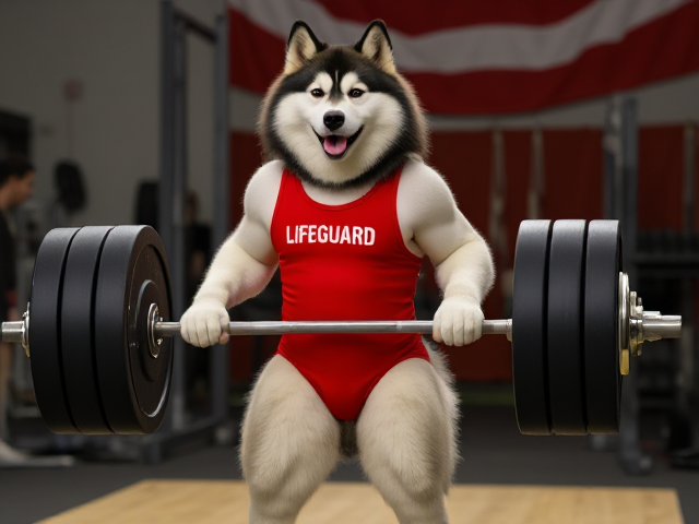 A anthropomorphic alaskan malamute wearing a red lifeguard one piece swimsuit deadlifting a barbell