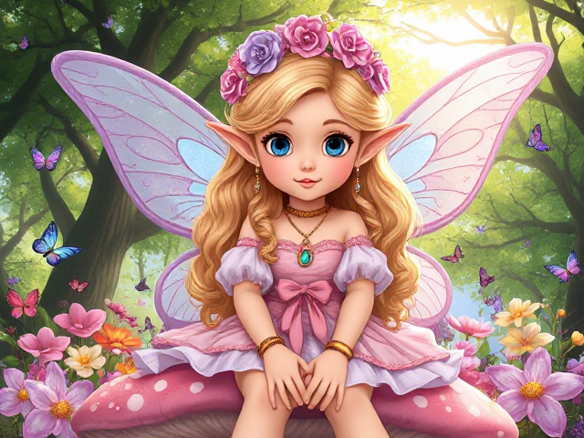 A highly detailed fantasy illustration of a fairy girl with elf-like features, sitting on a pink mushroom with white spots in a magical forest. She has long, curly, golden blonde hair adorned with a floral crown made of purple, pink, and blue flowers. Her large, expressive blue eyes and delicate facial features are emphasized, with a slight blush on her cheeks. She has pointed, elf-like ears and translucent, iridescent butterfly wings with intricate blue and pink patterns. She wears a flowing, pastel-colored dress with ruffled sleeves, decorated with bows and gemstone accents, and layered with pink and blue fabrics. She accessorizes with a matching necklace, earrings, and bracelets. The background features lush green trees with sunlight filtering through the canopy, and colorful butterflies flutter around her amidst vibrant flowers in shades of pink, purple, yellow, and white. The scene exudes a whimsical, enchanting atmosphere.