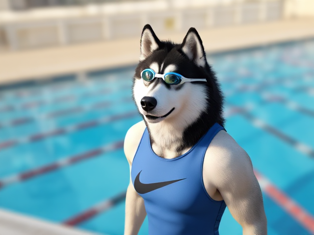 A anthropomorphic Alaskan malamute wearing a Nike one piece swimsuit and swimming goggles while standing next to a Olympic sized swimming pool