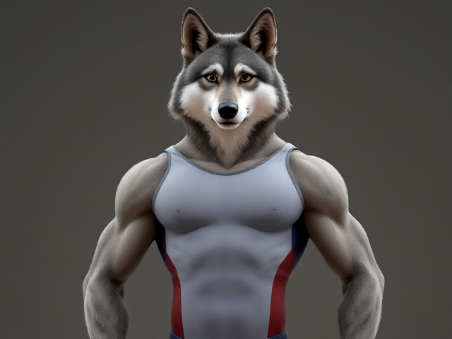 A tall anthropomorphic gray wolf Olympic gymnast with broad shoulders wearing a leotard