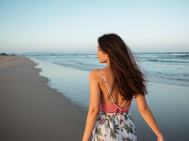 a beautiful woman walking down the beach.
