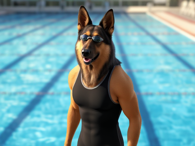 A tall and slender anthropomorphic long-haired German shepherd with a long torso and broad shoulders, wearing a racing swimsuit and swimming goggles while standing next to a Olympic-Sized swimming pool