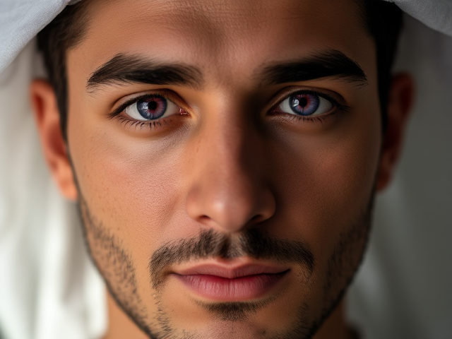 Tan, violet siren eyes, male, Arab, face covered