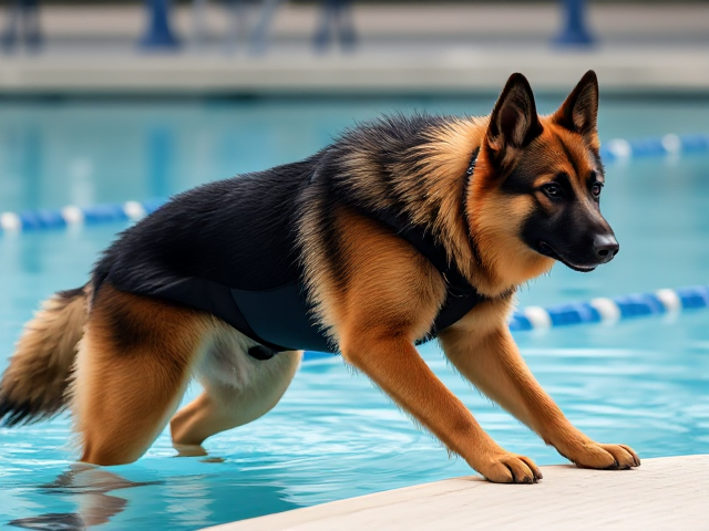 A tall anthropomorphic long haired German shepherd wearing an adidas swimsuit and swimming goggles stretching before a swim