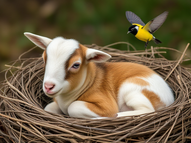 Create an image of a chubby baby goat laying in a nest with a honeyeater bird flying around it.