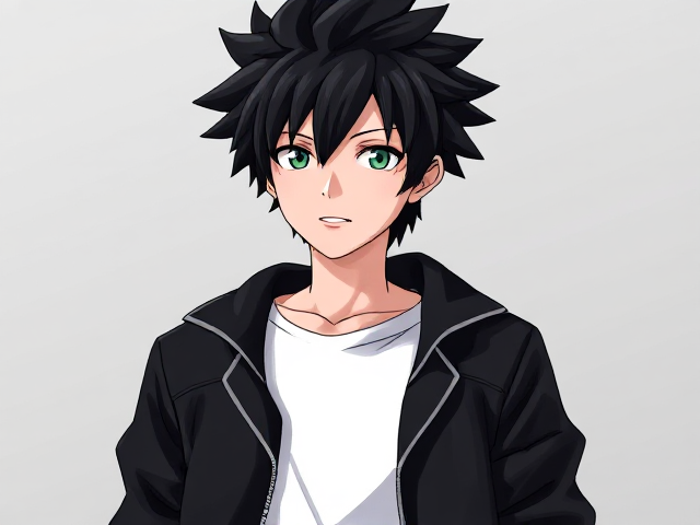 My hero academia inspired styled OC. Black spikey hair. Around 14. Wears a white T-shirt with a black jacket. 3/4 view. Green or grey eyes.