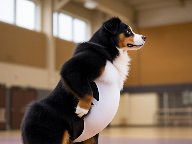 A Bernese mountain dog with large hips wearing a gymnastics leotard in a gymnasium