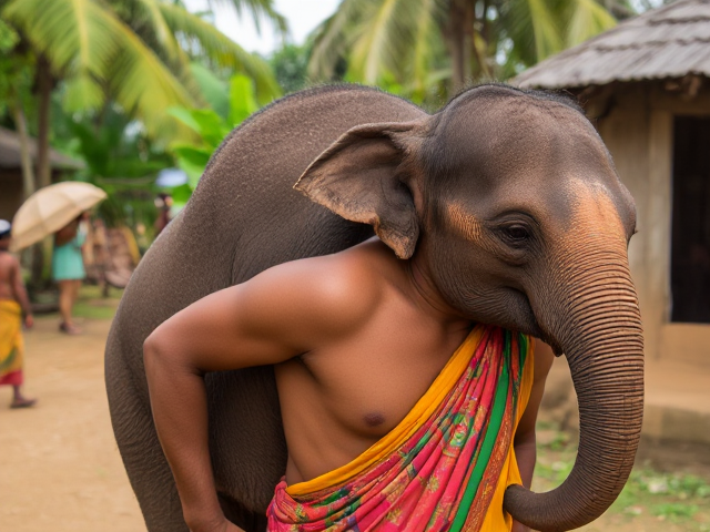 Malayali man lazily carrying a small elephant on his back, in a vibrant Kerala village setting, detailed expressions, colorful attire