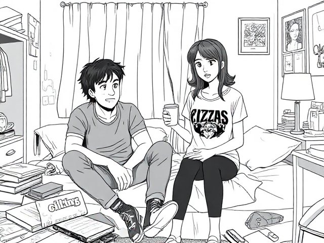 Create a warm and cozy black and white dorm room scene. The protagonist, a rugged guy, sits on his bed, surrounded by worn-out textbooks, empty pizza boxes, and abandoned video games. Rachel, his female friend with messy brown hair and a vintage band t-shirt, enters the room holding a warm cup of coffee or tea. Focus on their contrasting body language: the protagonist looks lost and anxious while Rachel appears empathetic and supportive. Highlight the warmth of their friendship by capturing their connection.

Style: 'The Breakfast Club' meets 'Easy A'. Give it a nostalgic and relatable feel that is comforting and inviting. Emphasize texture and tone in clothing, furniture, and background for depth. Use shading and contrast to highlight emotions. Capture the essence of 'found moments' with sentimental value.