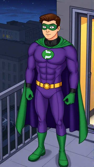Cartoon scene: A young, Autistic 25-year old boy with light skin and flat, smooth, and slick brown hair named T.J. Granger, but transformed into a genetically-altered superhero named Powerman, who, despite still being a young adult kid, has an extremely muscular body. He wears a sleek purple suit with a green P symbol on his chest, a gold belt with a circular buckle, green briefs, green boots, green long-cuffed gloves, a really big, toe-length long, ultra-wide green cape wreathed around his neck, and a green eye mask that protects his true identity. He also has incredible and invincible superpowers flowing through his veins. In this scene, Powerman is currently standing on his bedroom balcony at night, taking a moment to truly admire his new appearance and identity.