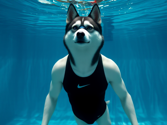 A tall and lean anthropomorphic Siberian husky with a long torso and broad shoulders, wearing a black Nike one piece swimsuit and swimming goggles, underwater