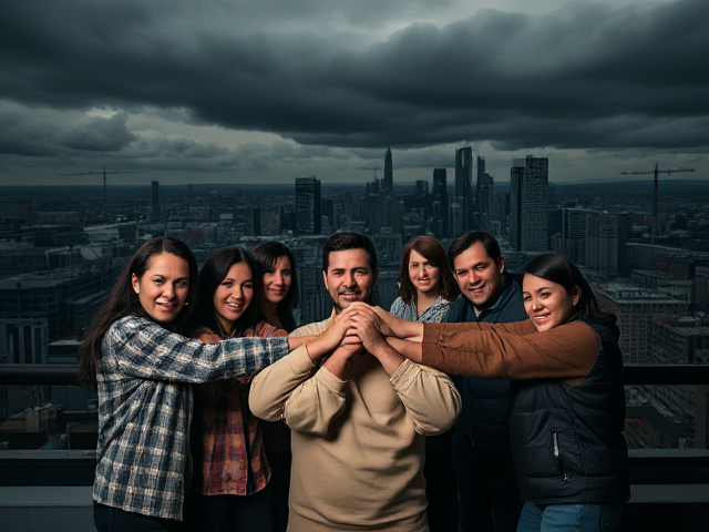 a group of diverse individuals standing in a circle, their faces twisted in sneers, with hands joined together symbolizing forced unity, surrounded by an industrial cityscape with dark clouds overhead, highly detailed and hyper-realistic, dramatic lighting casting deep shadows, eye-level view