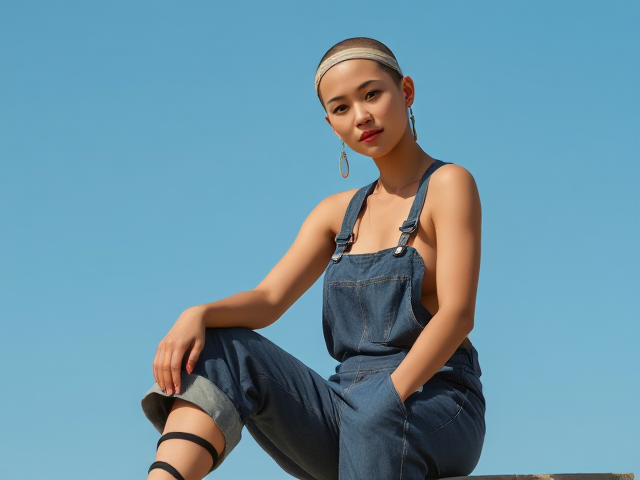 Attractive full body oriental woman with bald head wearing headband long earrings overalls rolled up to knees and gladiator sandals.