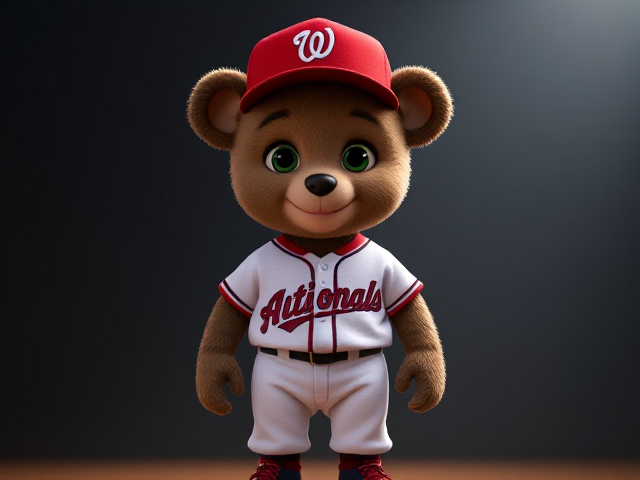 A short thin human teddy bear dark creme fur green eyes wearing a nationals uniform red hat white jersey with bats written across the front in navy and red white baseball pants with red and navy piping down the sides red baseball socks navy and red baseball cleats smiling