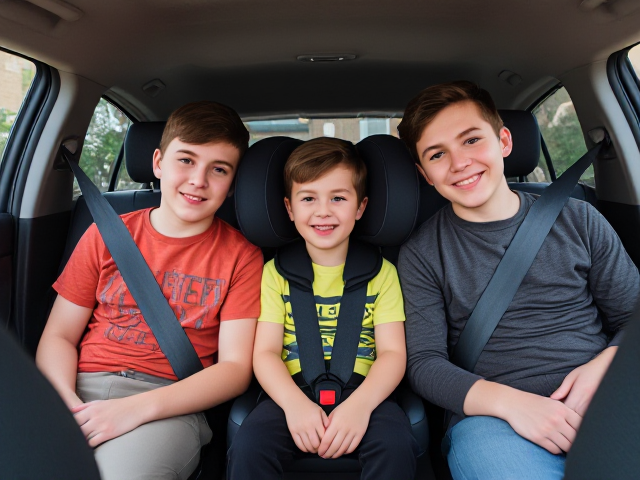 three teenage boys buckled in child seat in the backseat