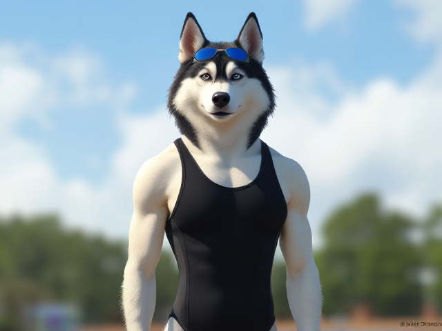 A tall anthropomorphic Siberian husky with a long torso and broad shoulders wearing a high cut Nike one piece swimsuit and swimming goggles