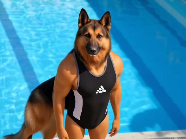 A tall and lean anthropomorphic long-haired German shepherd with broad shoulders and a long torso, wearing a adidas one piece swimsuit while standing next to a Olympic-Sized swimming pool