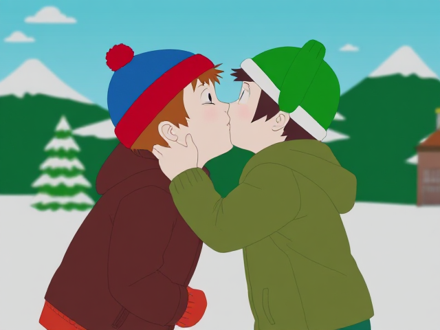Stan Marsh and Kyle Broflovski from South Park kissing