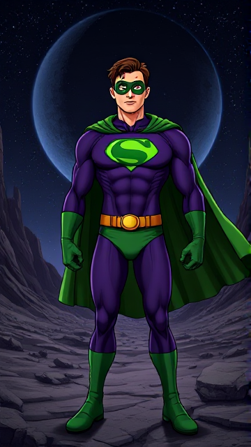 Dramatic Comic Book Cartoon scene: A young, Autistic 25-year old boy with light skin and flat, smooth, and slick brown hair named T.J. Granger, but transformed into a genetically-altered superhero named Powerman, who, despite still being a young adult kid, has an extremely muscular body. He wears a sleek purple suit with a green P symbol on his chest, a gold belt with a circular buckle, green briefs, green boots, green long-cuffed gloves, a really big, toe-length long, ultra-wide green cape wreathed around his neck, and a green eye mask that protects his true identity. He also has incredible and invincible superpowers flowing through his veins. In this scene, Powerman is currently standing in a dark valley on a mysterious alien planet in outer space that needs his help, ready to begin his investigation.