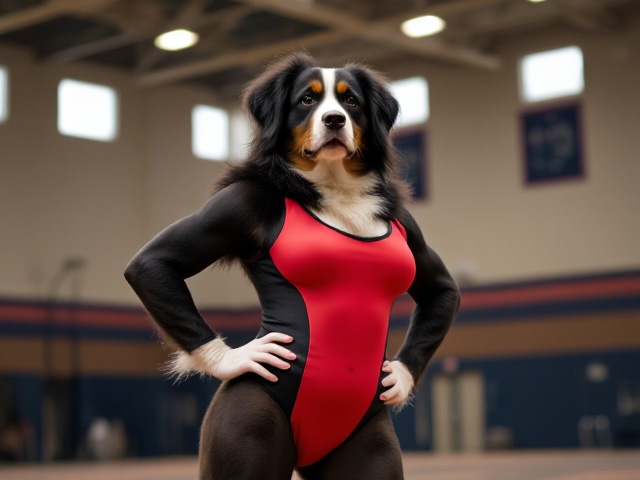 Anthropomorphic Bernese mountain dog with large hips, wearing a gymnastics leotard, in a gymnasium setting, detailed and vibrant