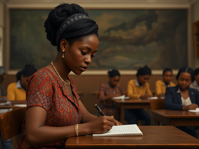 Un institutrice africaine écrivant au tableau dans une salle de classe