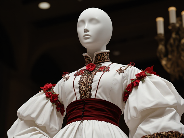 Headless Mannequin with a white royal late 1700s style gown with dark red accents, and floral accents, and cheetah print accents, full body