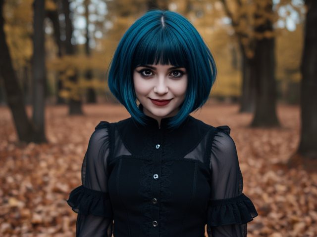 Nymph Goth girl, 20 years, with blue black short hair, dark makeup, Halloween spooky dress, fall Autumn leaves and trees in background, spooky smile.