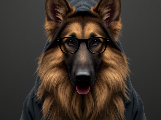 A anthropomorphic long-haired German shepherd wearing a hoodie, glasses, and leggings