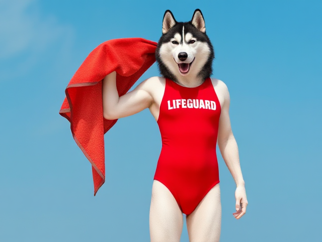 A tall anthropomorphic Siberian husky wearing a red lifeguard one piece swimsuit drying off with a towel