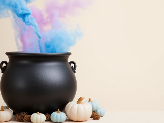 An image with a cauldron in the bottom left of the image that has thick blue and pink smoke and bubbles coming out of the top. Have the cauldron on the left edge of the image Add a stacks of pastel blue and pink pumpkins around the cauldron. Make some of the smoke swirl around the cauldron. make the background a light neutral color