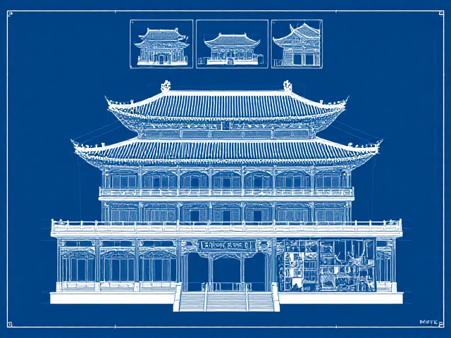A highly contrasted architectural blueprint of a large Chinese temple, shown with a front view and a sectional cut to reveal the interior. Additional detailed sketches are placed above. White linework only, with no filled areas, on a deep blue background. The drawing should clearly resemble authentic technical blueprints, with cut views and architectural details.