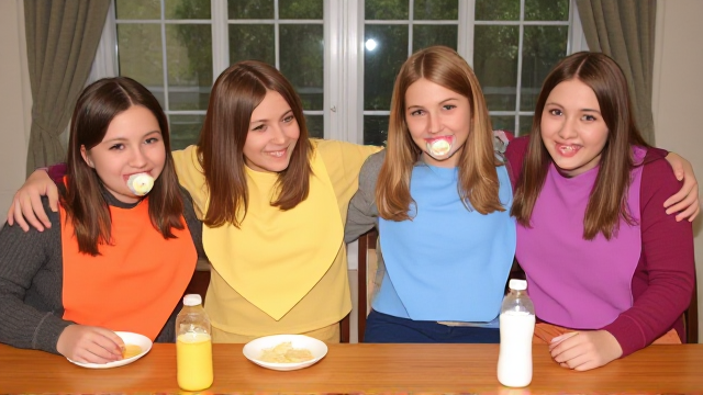 Quatre jeunes filles adolescentes aux cheveux lisses et dégagé et de différentes couleurs a l'avant assis a table  avec de la nourriture pour bébé et des biberons avec des grands bavoirs simple de différentes couleurs et des tétines en bouches elles ont des pull de différentes couleurs que les Bavoirs et avec des pantalons elle se font un gros câlin et il y a une grande fenêtre derrière la table