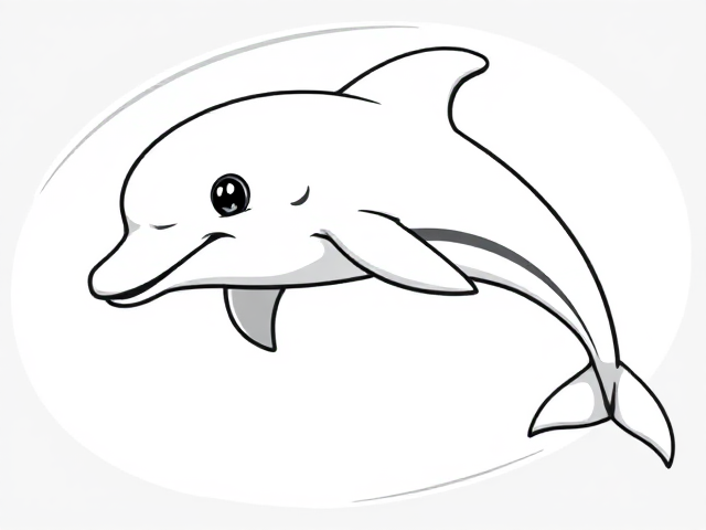Black and white anime-style illustration of a playful dolphin in mid-jump, with expressive eyes and dynamic motion lines