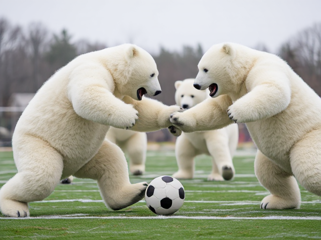 Life size plush polar bears with stubby circular legs and long arms and a grin playing a violent game of football