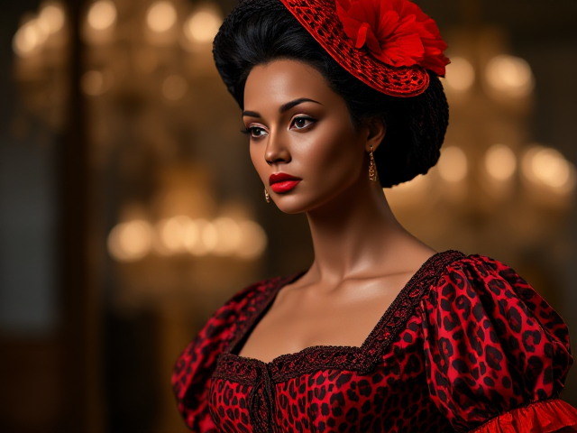 Mannequin with a cheetah print and red 1700s style dress