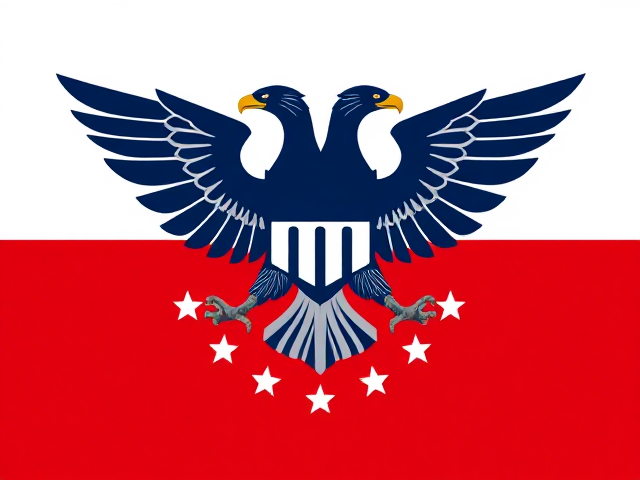 1. Disposition générale
	•	Format : rectangulaire, ratio classique 2:3.
	•	Tricolore : trois bandes horizontales de même taille, dans l’ordre suivant :
	•	Blanc (en haut) — neutralité apparente, pureté imposée.
	•	Bleu nuit (au centre) — autorité, contrôle, surveillance.
	•	Rouge sombre (en bas) — puissance militaire, sang, fierté impériale.

2. Emblème central
	•	Aigle bicéphale (à deux têtes), stylisé :
	•	Têtes opposées (une regardant vers la gauche, l’autre vers la droite) = contrôle absolu à l’intérieur comme à l’extérieur.
	•	Angles marqués, lignes géométriques acérées (comme des flèches ou des pointes) = pouvoir rigide, implacable.
	•	Plumage stylisé en lames, ou triangles imbriqués, formant une silhouette de carapace/armure.
	•	Serres gigantesques et tendues vers le bas : l’aigle tient (ou écrase) deux objets symboliques :
	•	À gauche : un faisceau de flèches (force militaire, répression collective)
	•	À droite : une branche métallique stylisée (pseudo-paix imposée, technocratie)
	•	Corps symétrique, presque mécanique, évoquant une créature mi-biomécanique mi-héraldique.

3. Cercle d’étoiles
	•	Entoure entièrement l’aigle (sans le toucher).
	•	13 étoiles à 5 pointes fines, parfaitement espacées en cercle : référence modifiée aux 13 colonies, mais ici pervertie en symbole d’ordre total.
	•	Les étoiles peuvent être blanches ou argentées sur fond bleu (selon l’effet recherché).