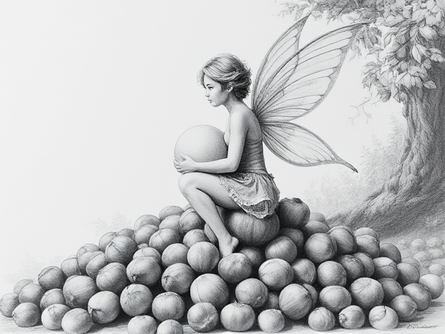 Side profile, wings relaxed, wearing clothes, Hazelnut garden Fairy sitting on a pile of unshelled hazelnuts, holding a large sphere
