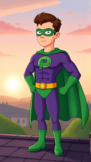 Dramatic Cartoon scene: A young, Autistic 25-year old boy with light skin and flat, smooth, and slick brown hair with a singular curled bang in the shape of a P sticking out at the front named T.J. Granger, but transformed into a genetically-altered superhero named Powerman, who, despite still being a young adult kid, has an extremely muscular body. He wears a sleek purple bodysuit with a green P symbol on his chest, a golden belt with a circular buckle, green briefs, green boots, green long-cuffed gloves, a really big, toe-length long, ultra-wide green cape wreathed around his neck, and a green eye mask that protects his true identity and also causes his pupils to magically disappear as his eyes glow an eerie white. He also has incredible and invincible superpowers flowing through his veins. In this scene, Powerman is currently standing on the roof of his house in the morning, ready for action.