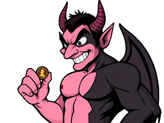 Handsome adult cartoon devil with a split body, one half soft pink and the other half black, facing right while flipping a coin with a mischievous grin