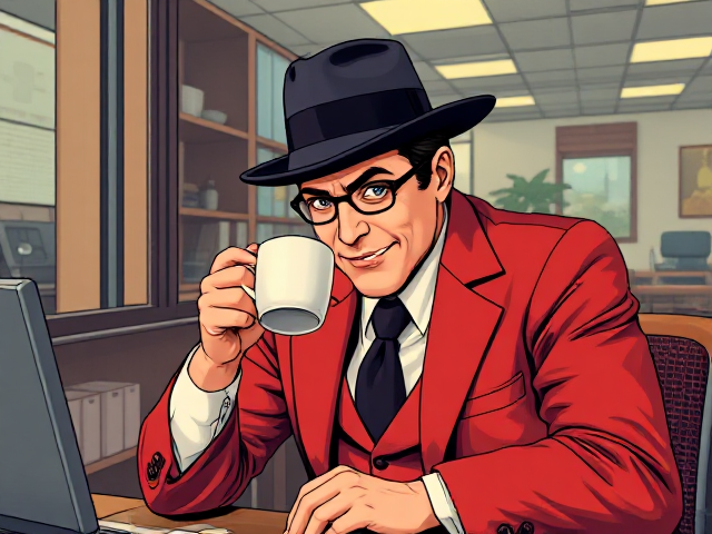 Je veux un hérisson fatigué en tenue de bureau qui boit un café dans une salle de pause du bureau