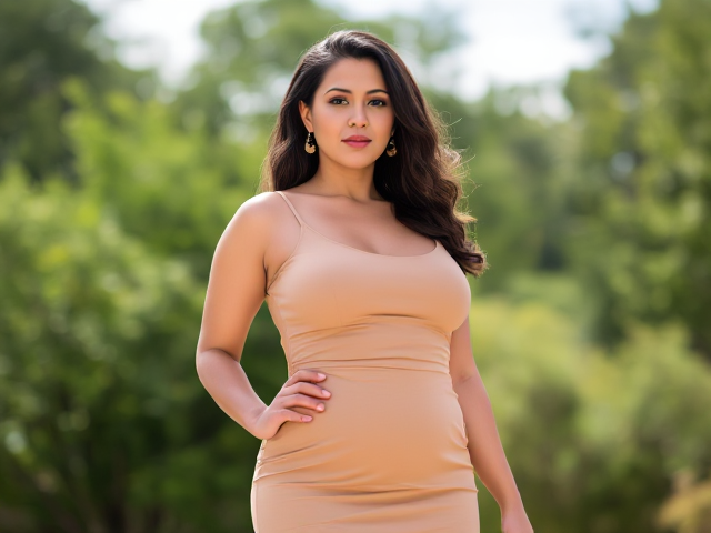 femme ronde élégante, portant une robe chic, dans un environnement naturel lumineux