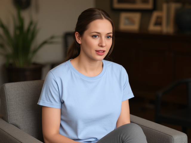 Natalie Portman wearing a light blue t shirt and gray leggings talking